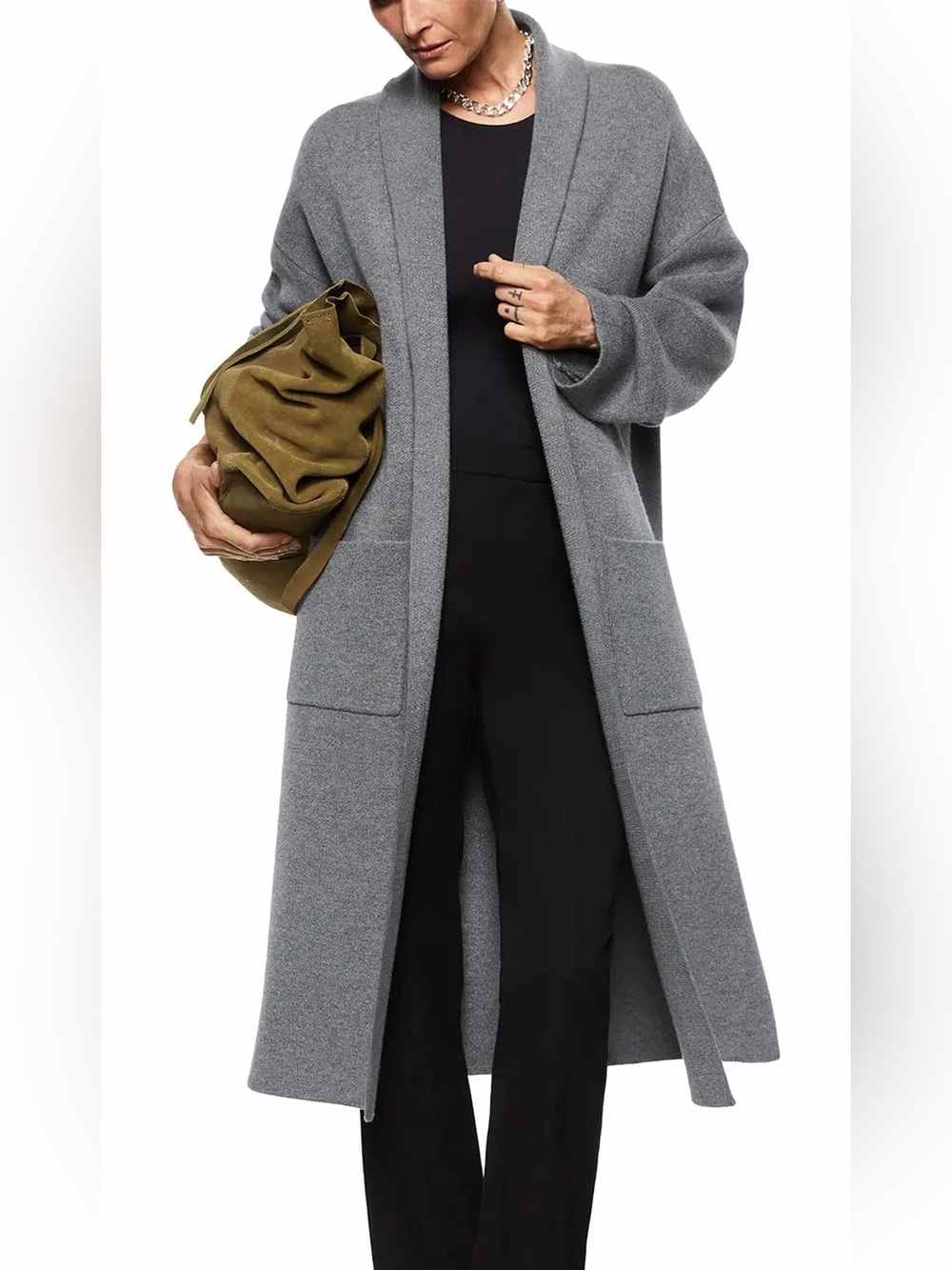 Zara Charcoal Open-Front Long Knit Cape Coat